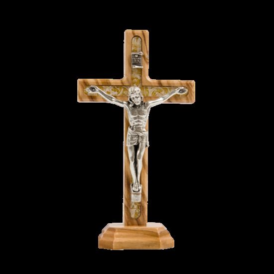 Crucifix en bois d´olivier incrustation résine couleur dorée, sur socle avec Christ métal couleur argentée - H. 10 cm