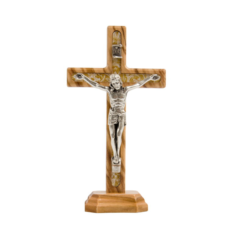 Crucifix en bois d´olivier incrustation résine couleur dorée, sur socle avec Christ métal couleur argentée - H. 10 cm