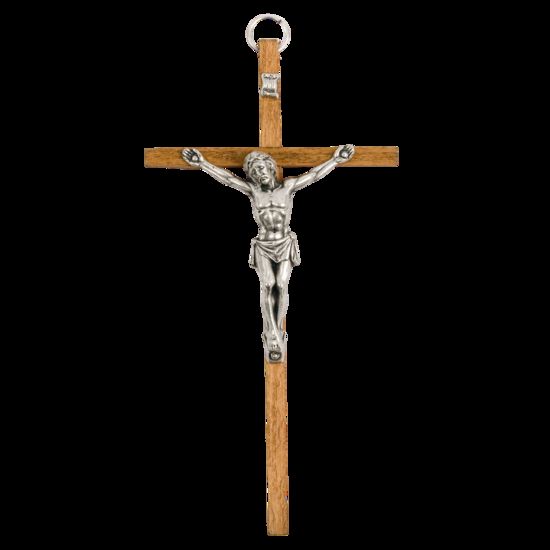 Crucifix bois clair avec Christ métal couleur argentée - H. 14 cm.