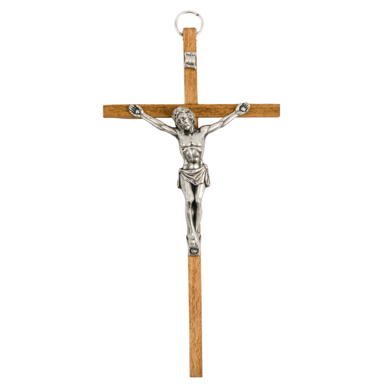 Crucifix bois clair avec Christ métal couleur argentée - H. 14 cm.