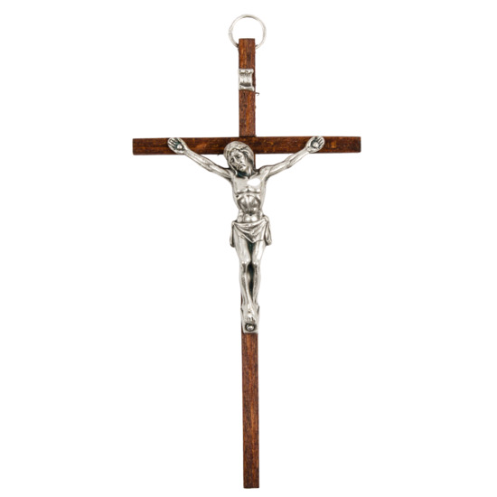 Crucifix bois foncé avec Christ métal couleur argentée - H. 14 cm.