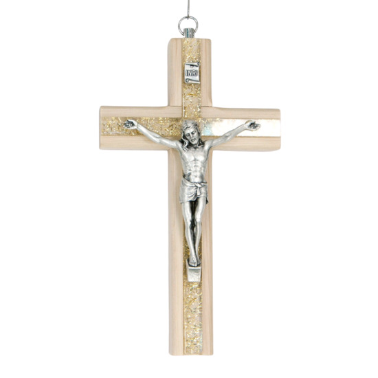 Crucifix bois incrustation plexiglass marbré couleur dorée avec Christ métal couleur argentée - H. 15 cm.