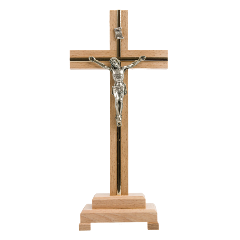 Crucifix en bois clair et filet couleur dorée, sur socle avec Christ métal couleur argentée - H. 32 cm.
