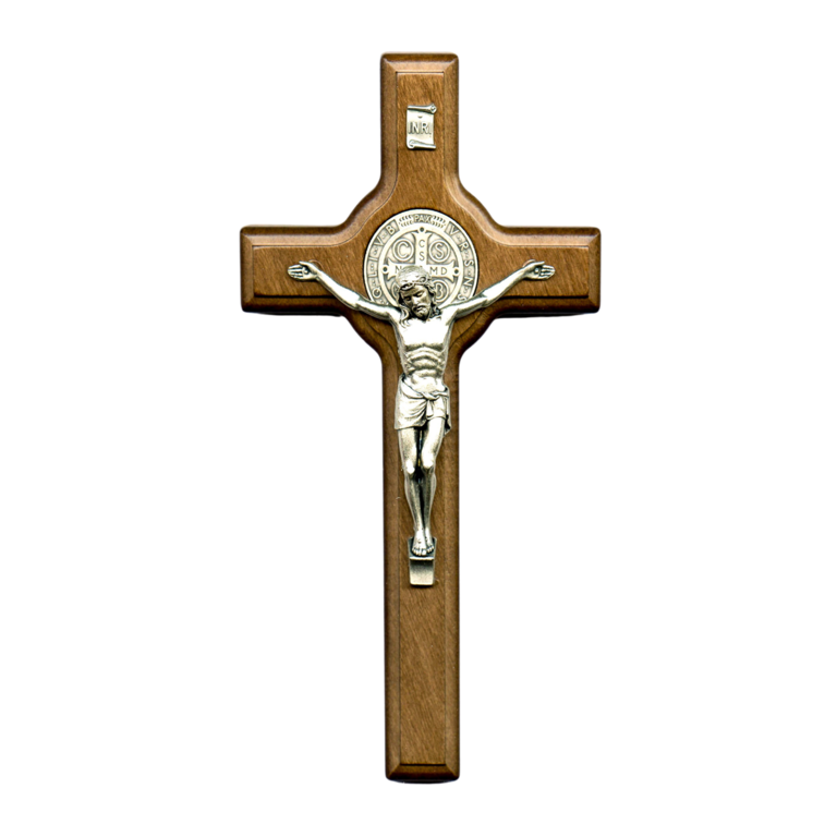 Croix de saint Benoît en bois foncé, hauteur 21 cm.
