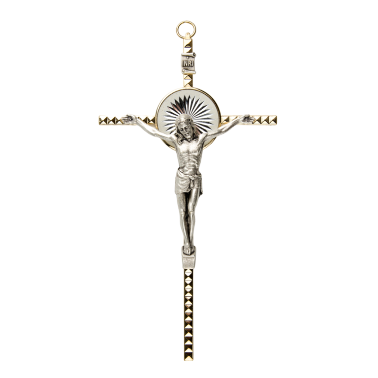 Crucifix avec Christ métal couleur dorée et rayons - H. 16 cm.