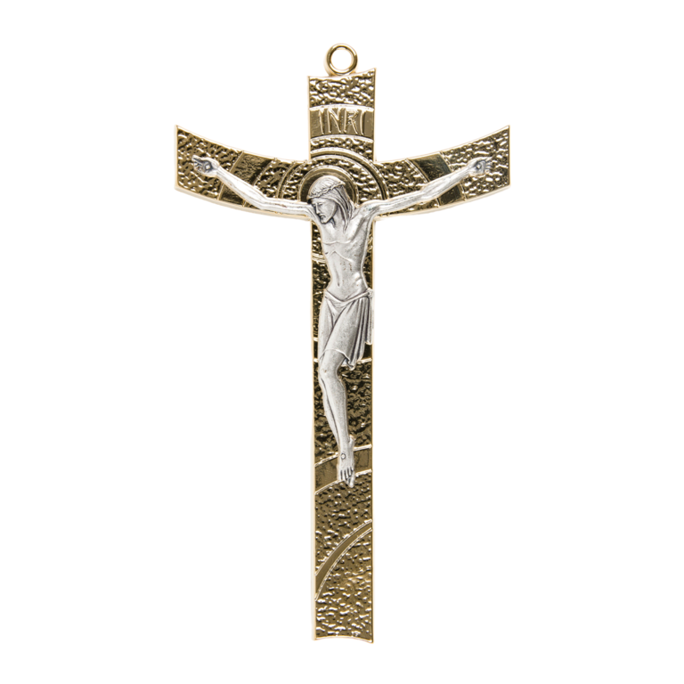 Crucifix métal couleur dorée strié avec Christ moderne argenté.