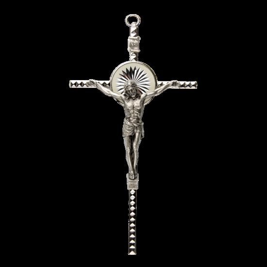 Crucifix avec Christ métal couleur argentée et rayons - H. 16 cm.