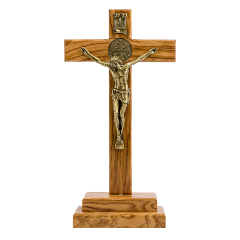 Croix de saint Benoît en bois d'olivier et Christ couleur bronze avec coffret sur le socle, hauteur 28,5 cm.