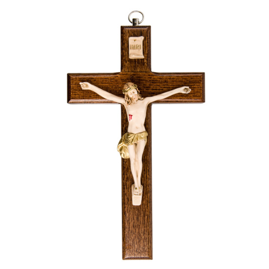 Crucifix en bois foncé avec Christ en résine style bois.