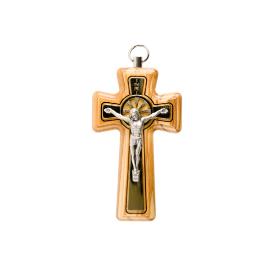 Crucifix en bois d'olivier incrustation croix couleur dorée et Christ métal couleur argentée - H. 8,5 cm.