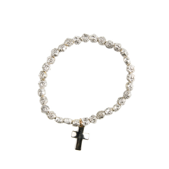 Bracelet sur élastique grains forme fleur en métal Ø 8 mm, avec croix.