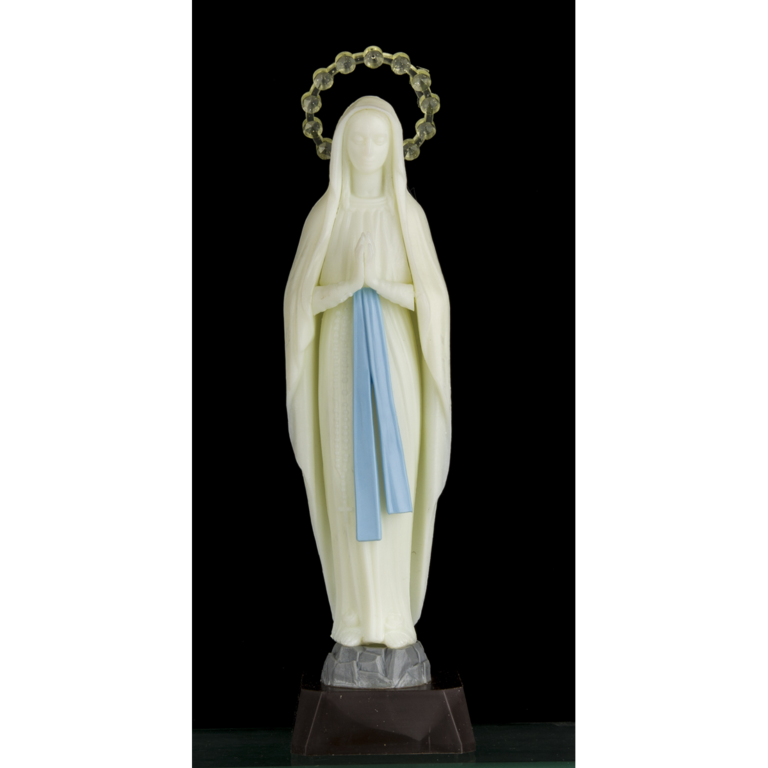 Statue fluorescente assemblée de Notre Dame de Lourdes liseret bleu, 2 tailles.