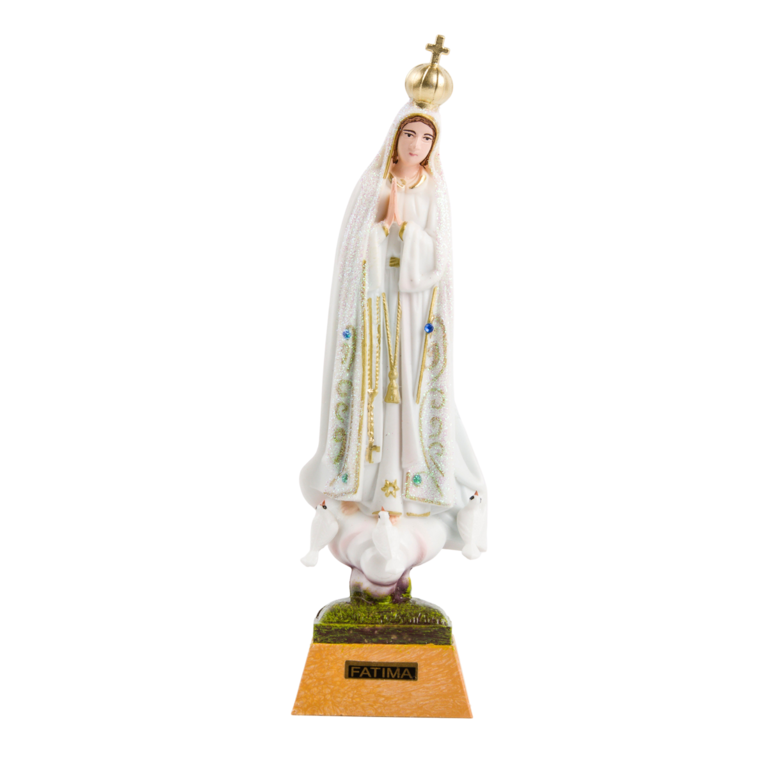 Statue résine de Notre-Dame de Fatima manteau à paillettes, Plusieurs tailles.