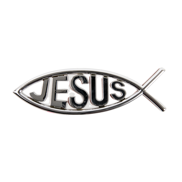 Plaque poisson Ictus autocollante avec inscription Jésus  H. 4,5 x 13 cm. Couleur agentée