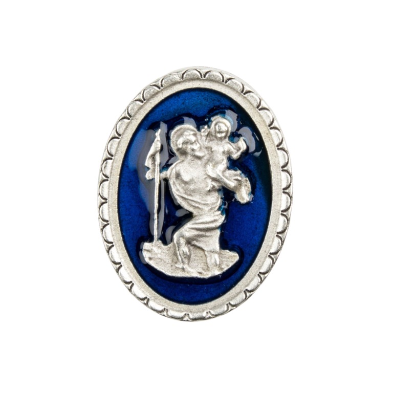 Plaque auto de saint Christophe H. 3,5 cm en métal émaillé bleu.