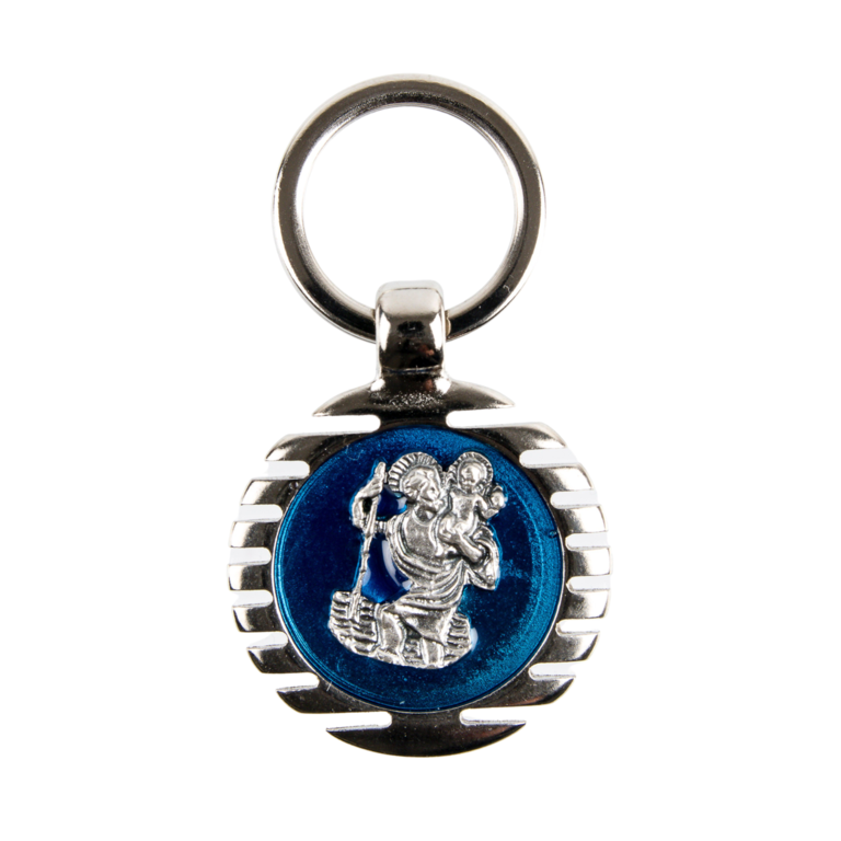 Porte-clés de saint Christophe Ø 4 cm en métal émaillé bleu.