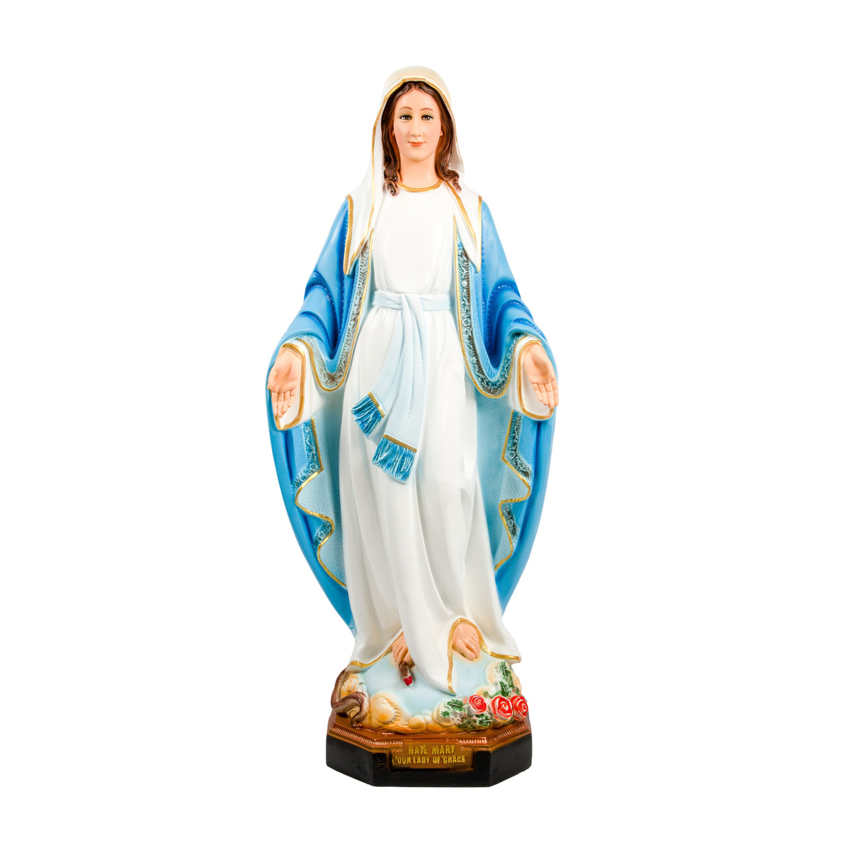 Statue en résine ou fibre de verre intérieur/extérieur en couleur de la Vierge Miraculeuse, Plusieurs Tailles.
