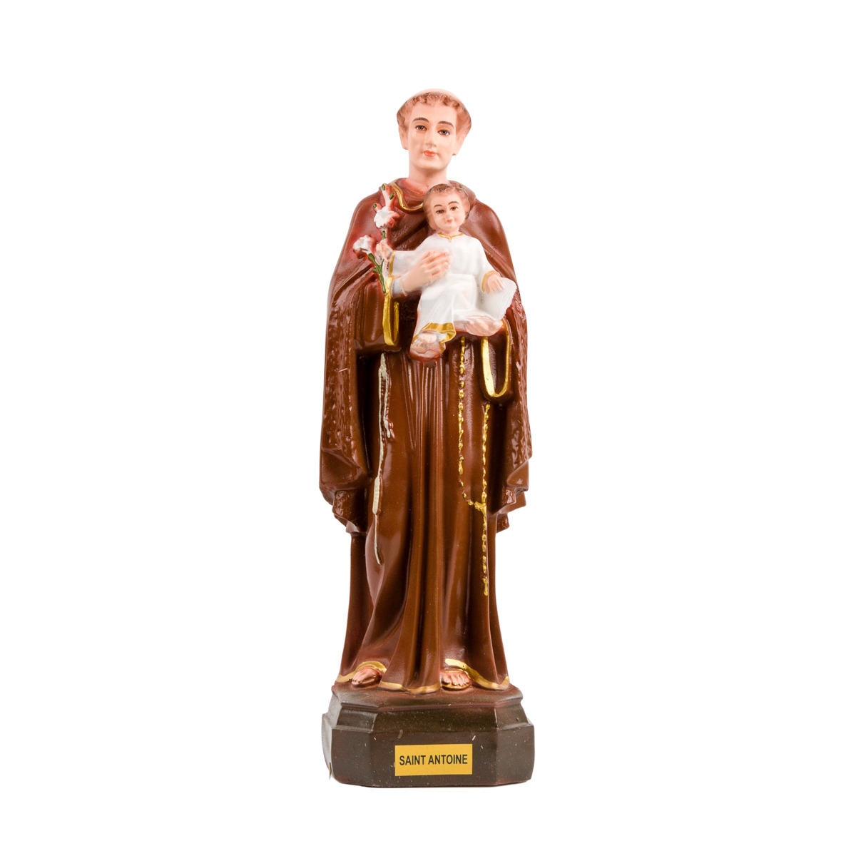 Statue en résine ou fibre de verre intérieur/extérieur en couleur de saint Antoine, plusieurs tailles.