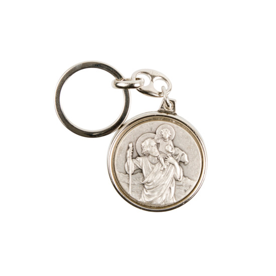 Porte-clés de saint Christophe buste Ø 3.2 cm en métal couleur argentée.