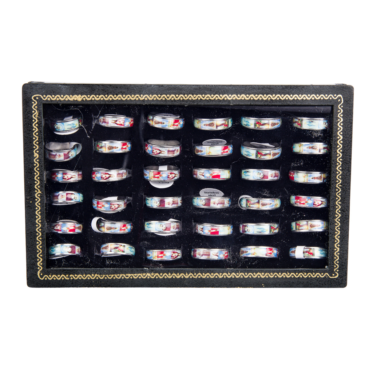 Boîte de 36 bagues en axier inoxydable avec image des saints serties, taille assortie de 54 à 69.