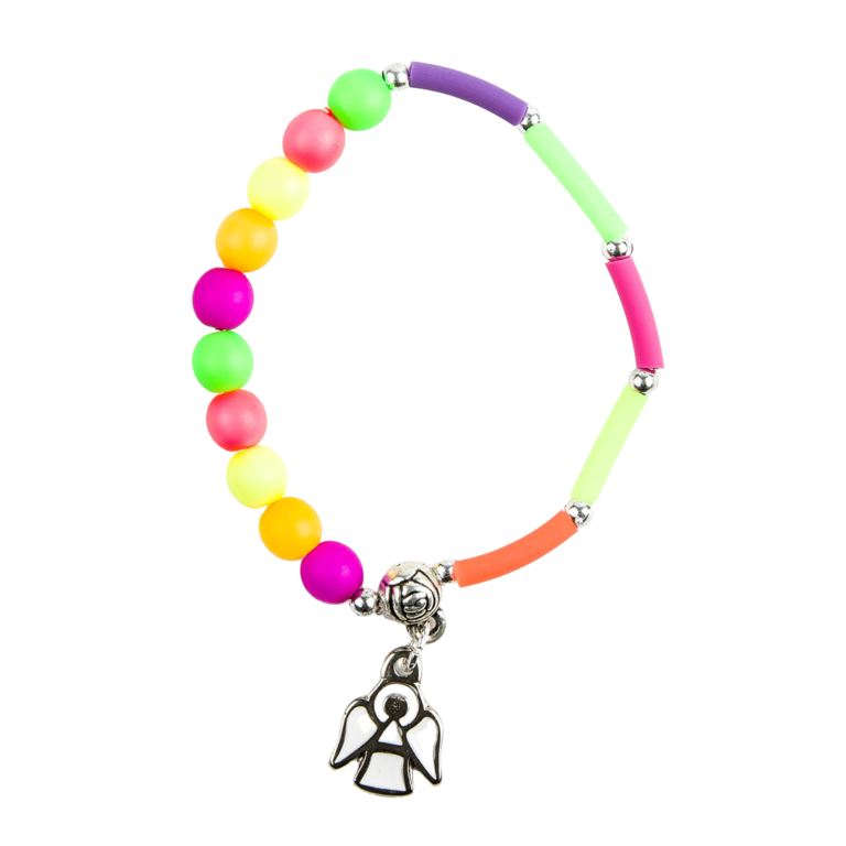 Bracelet dizainier sur élastique pour enfant avec grains multicolores Ø 6 mm et médaille ange.