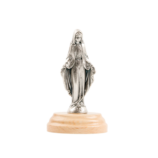 Statue en métal sur socle bois ovale, Hauteur 7 cm, de la Vierge Miraculeuse