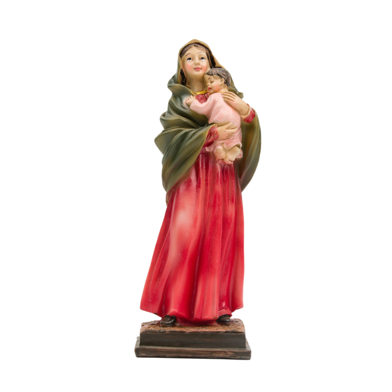 Statue peinte à la main en résine Vierge à l'enfant manteau rouge H. 12 cm.