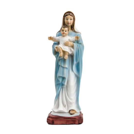 Statue peinte à la main en résine Vierge à l'enfant manteau bleu ciel H. 12 cm.