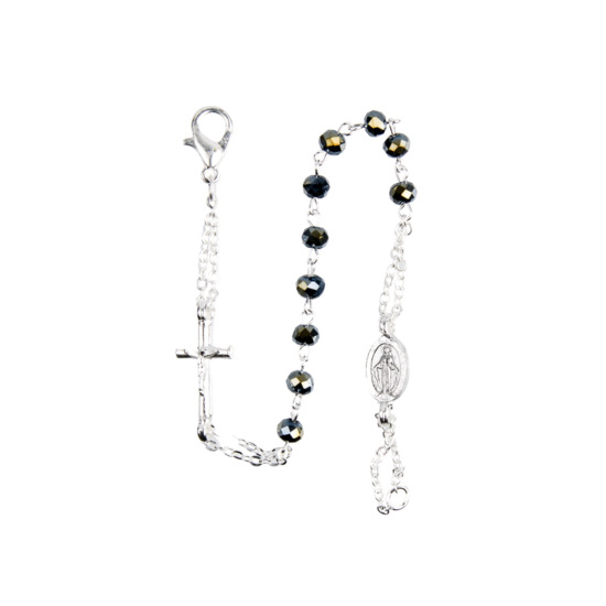 Bracelet dizainier double chaîne couleur argentée grains semi cristal, Ø 5 mm avec croix et médaille Vierge Miraculeuse.