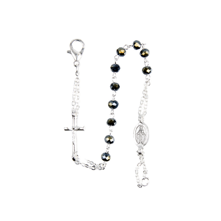 Bracelet dizainier double chaîne argentée grains semi cristal, Ø 5 mm avec croix et médaille Vierge Miraculeuse.