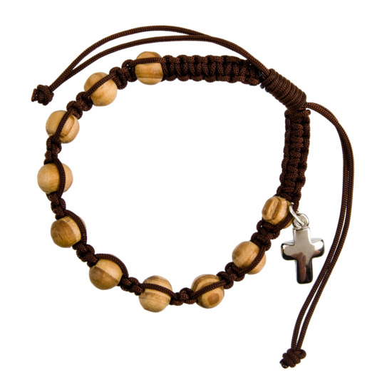 Bracelet dizainier sur corde réglable en bois d'olivier, Ø 8 mm avec croix métal.
