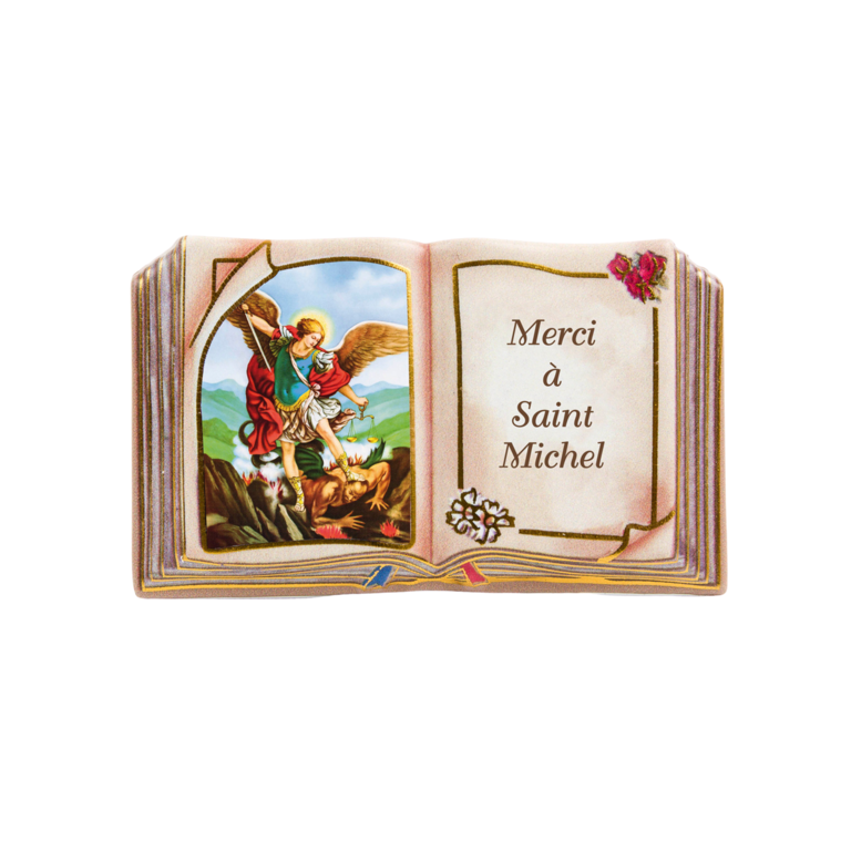Plaque de remerciement en résine forme livre à poser H. 5 x 8 cm avec image sérigraphiée de saint Michel.