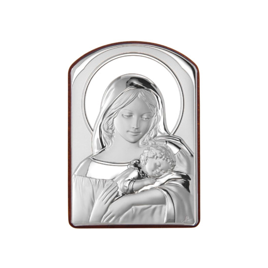 Support en bois forme arrondie à poser H. 9 x 6 cm avec plaque laminée en argent de la Vierge à l'enfant de face