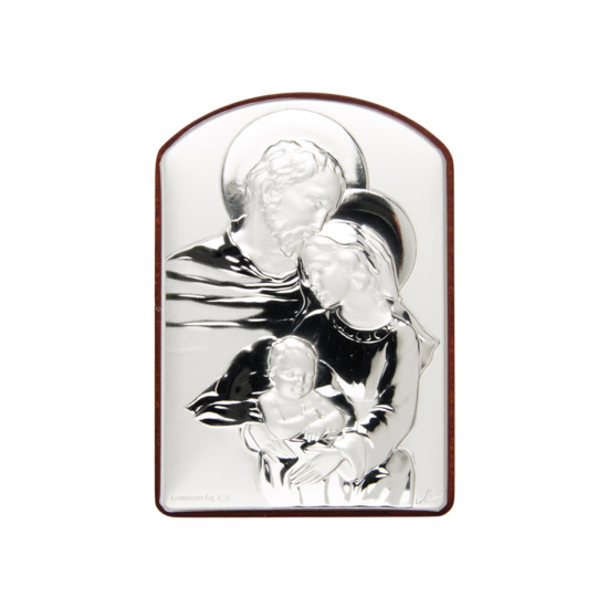 Support en bois forme arrondie à poser H. 9 x 6 cm avec plaque laminée en argent de la Sainte Famille