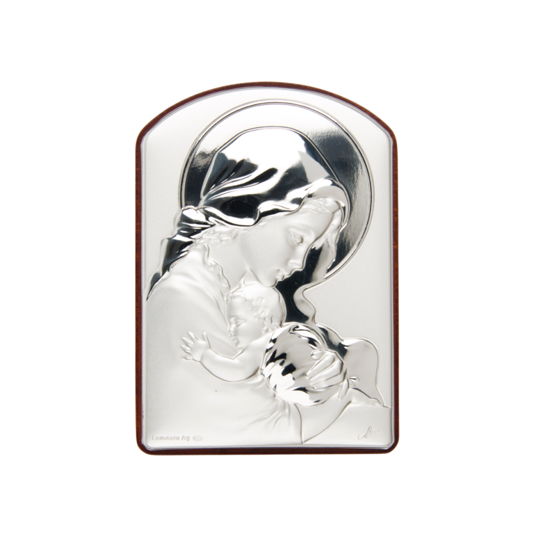 Support en bois forme arrondie à poser H. 9 x 6 cm avec plaque laminée en argent de la Vierge de tendresse