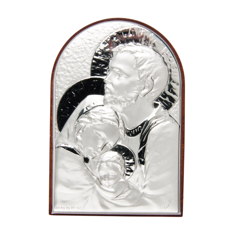 Support en bois forme arrondie à poser H. 9 x 6 cm sujet sur plaque laminée en argent de la Sainte Famille.
