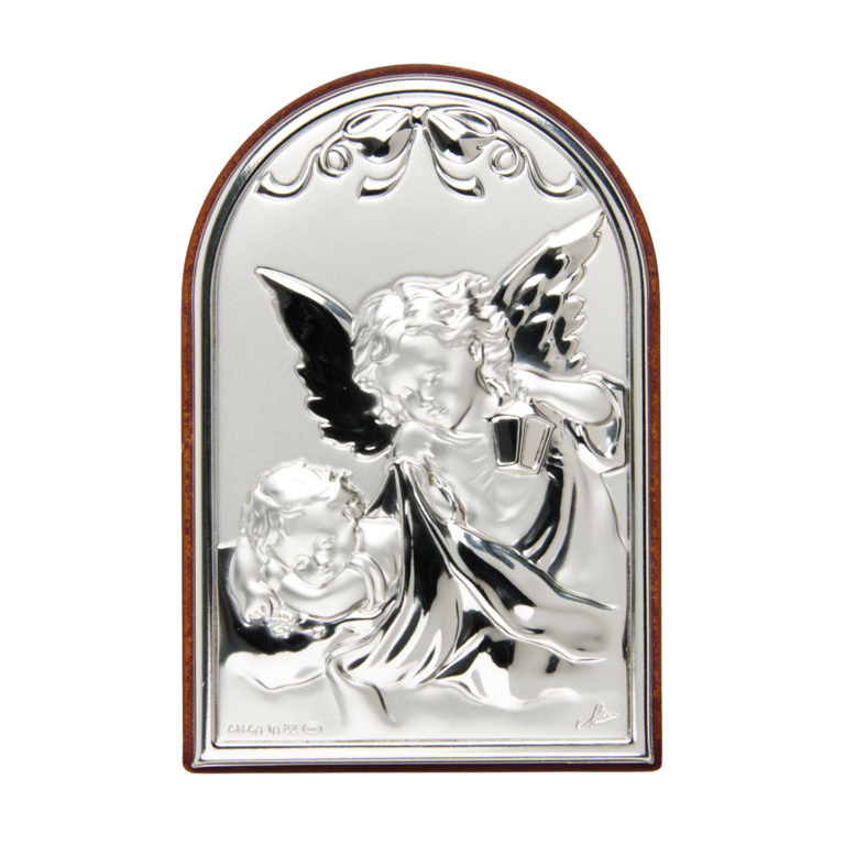 Support en bois forme arrondie à poser H. 9 x 6 cm sujet sur plaque laminée en argent de l'Ange protecteur.