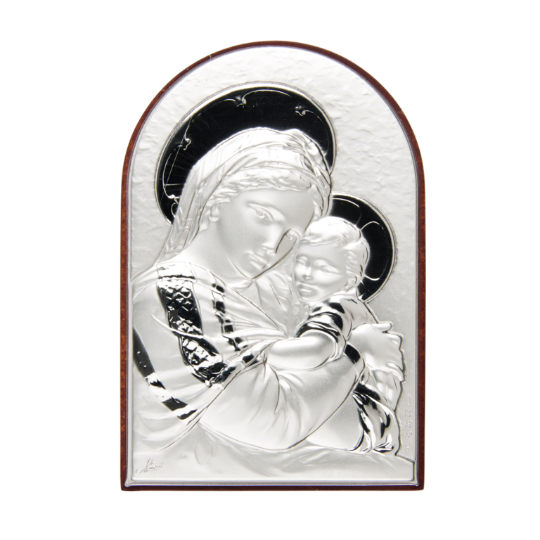 Support en bois forme arrondie à poser H. 9 x 6 cm sujet sur plaque laminée en argent de la Vierge à l'enfant.