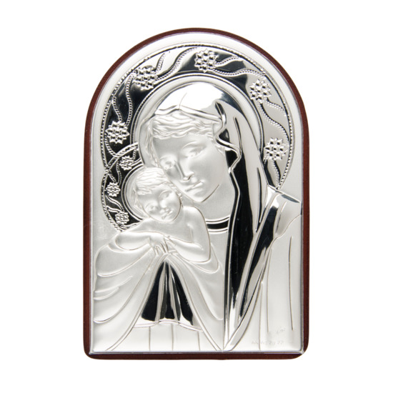 Support en bois forme arrondie à poser H. 9 x 6 cm sujet sur plaque laminée en argent de la Vierge à l'enfant au voile.