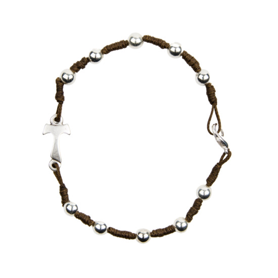 Bracelet dizainier sur corde grains ronds métal  Ø 6 mm avec fermoir et croix de Taux métal.