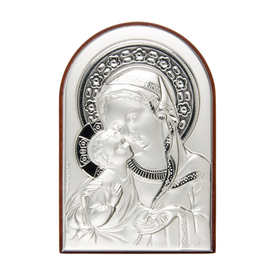 Support en bois forme arrondie à poser H. 9 x 6 cm sujet sur plaque laminée en argent de la Vierge de tendresse.