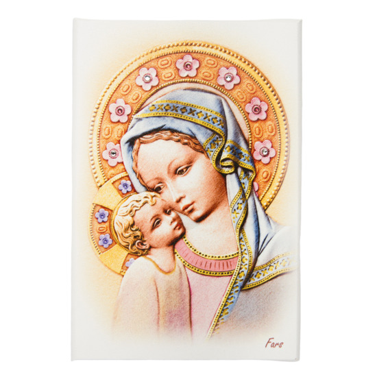 Cadre en résine à suspendre ou à poser H. 15 x 10 cm, image sérigraphiée avec strass de la Vierge à l'enfant couronnée.