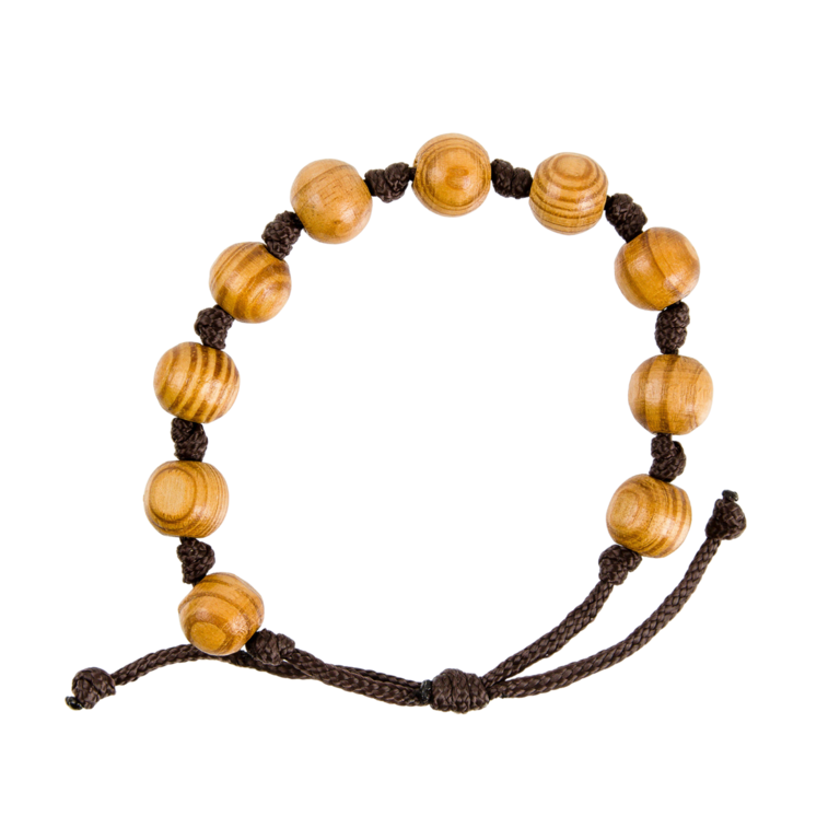 Bracelet dizainier sur corde réglable grains ronds en bois d'olivier avec croix , Ø 1 cm.