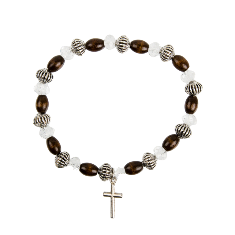 Bracelet dizainier sur élastique grains bois, métal et plastique Ø 6 mm, avec croix métal.
