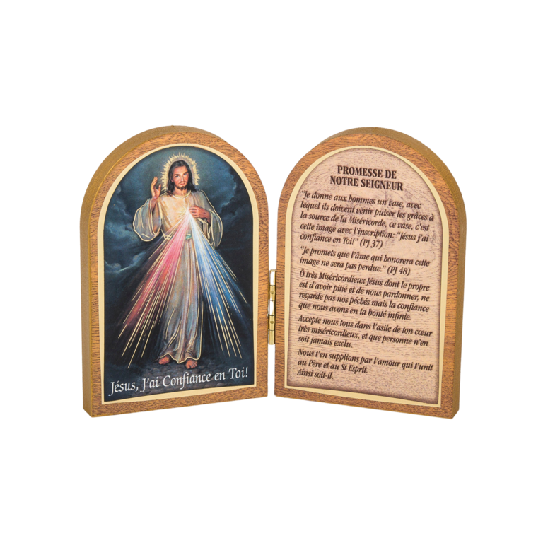 Diptyque bois 6x9cm redorée à la feuille d´or image Saint + prière Christ Miséricordieux
