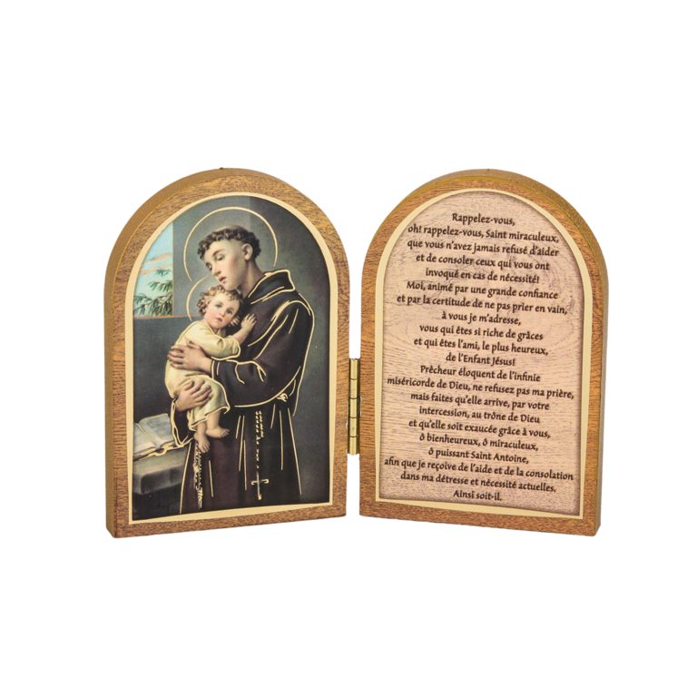 Diptyque bois 6x9cm redorée à la feuille d´or image Saint + prière St Antoine