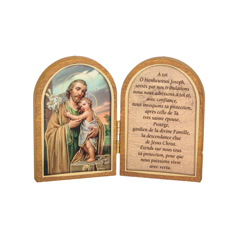 Diptyque bois 6x9cm redorée à la feuille d´or image Saint + prière St Joseph