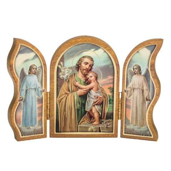  Triptyque en bois doré à la feuile d´or image collée H.9x13 cm, plusieurs saints.
