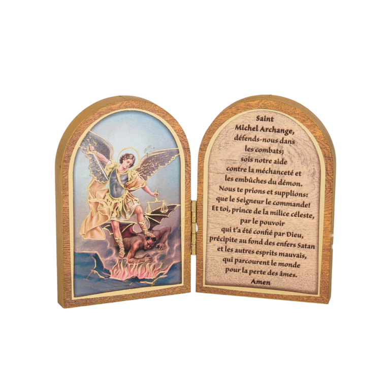 Diptyque bois 6x9cm redorée à la feuille d´or image Saint + prière St Michel