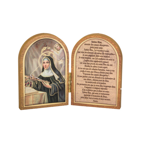 Diptyque bois 6x9cm redorée à la feuille d´or image Saint + prière Ste Rita